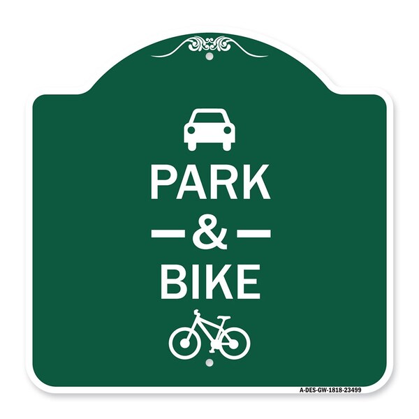 Park & Ride W/ Bicycle Graphic, Green & White Aluminum Architectural Sign, 18" x 18", GW-1818-23499